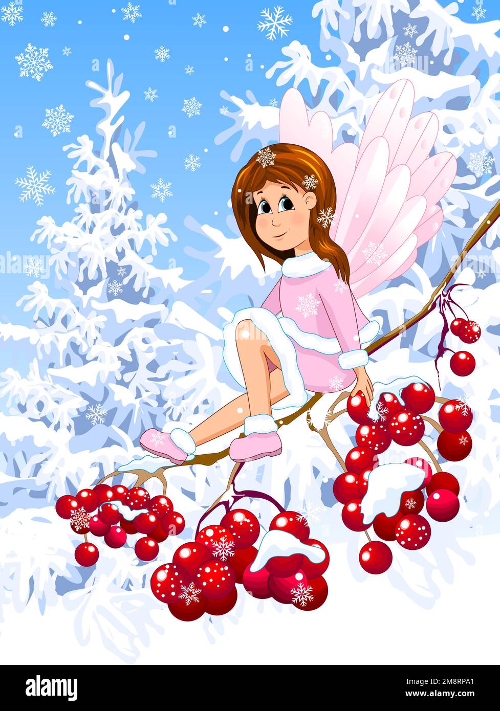 A baby fairy sits on viburnum berries in a winter snowy forest. Viburnum fairy. Winter fairy. Winter fairy baby on a viburnum branch. Stock Vector