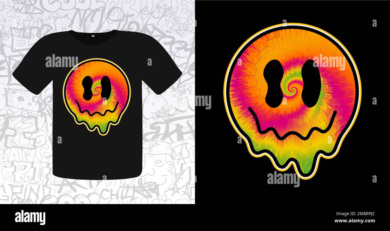 Funny tie dye psychedelic surreal melt smile face.Vector tiedye cartoon ...