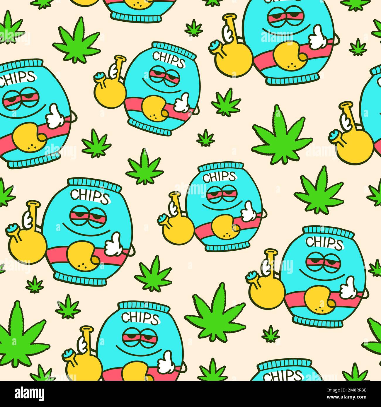 Funny weed marijuana leafs and chips bag seamless pattern. Vector kawaii cartoon illustration icon design. Weed,cannabis, marijuana,chips,bong seamless pattern wallpaper concept Stock Vector