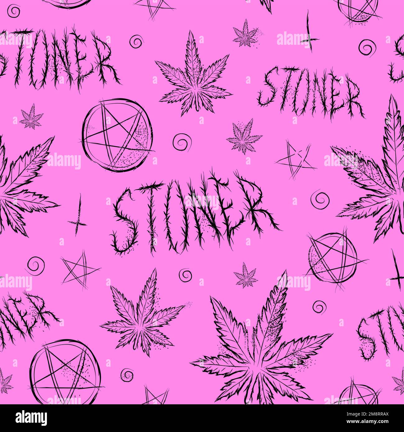 Marijuana weed leaf,stoner quote,pentagram seamless pattern. Vector hand drawn illustration. Cannabis,weed,stoner seamless pattern,wallpaper concept Stock Vector