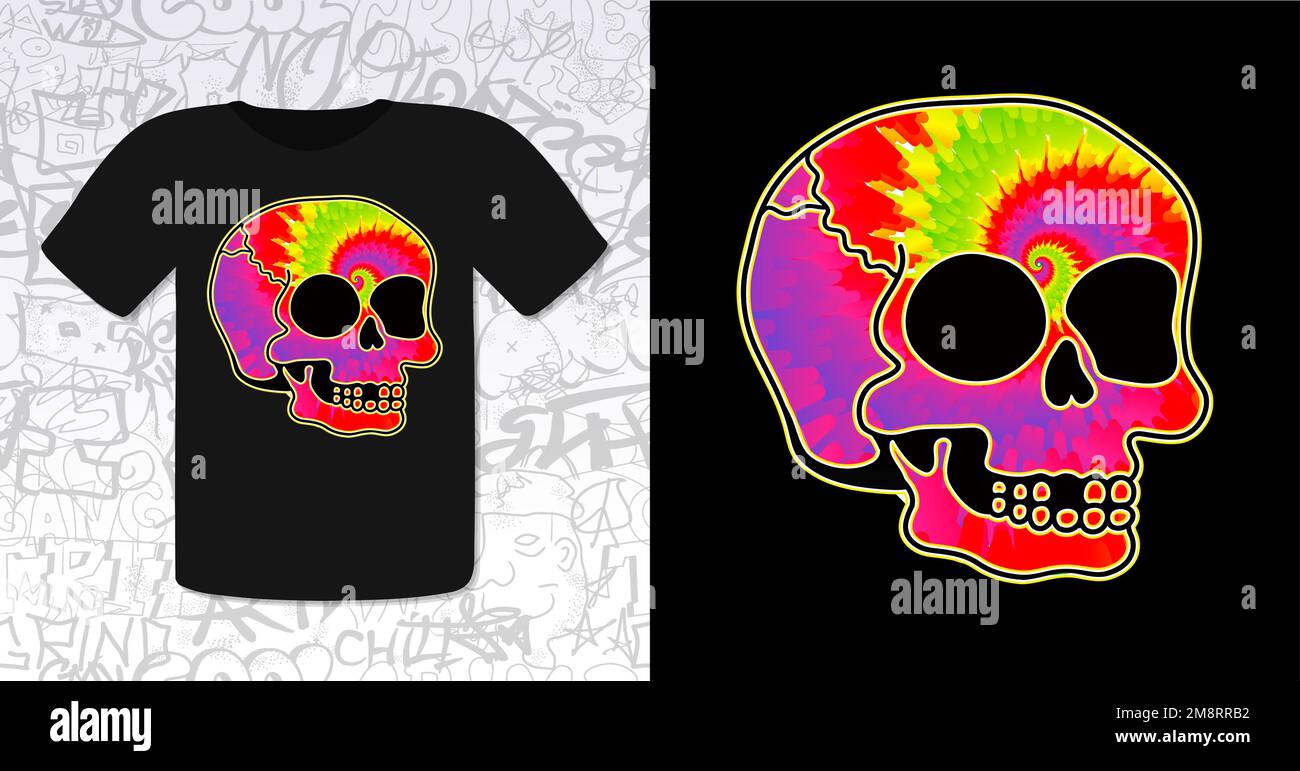 Tie dye psychedelic surreal skull.Vector tiedye cartoon character illustration logo.Skull tie dye melt,acid,techno,trippy print for t-shirt,poster,card concept Stock Vector