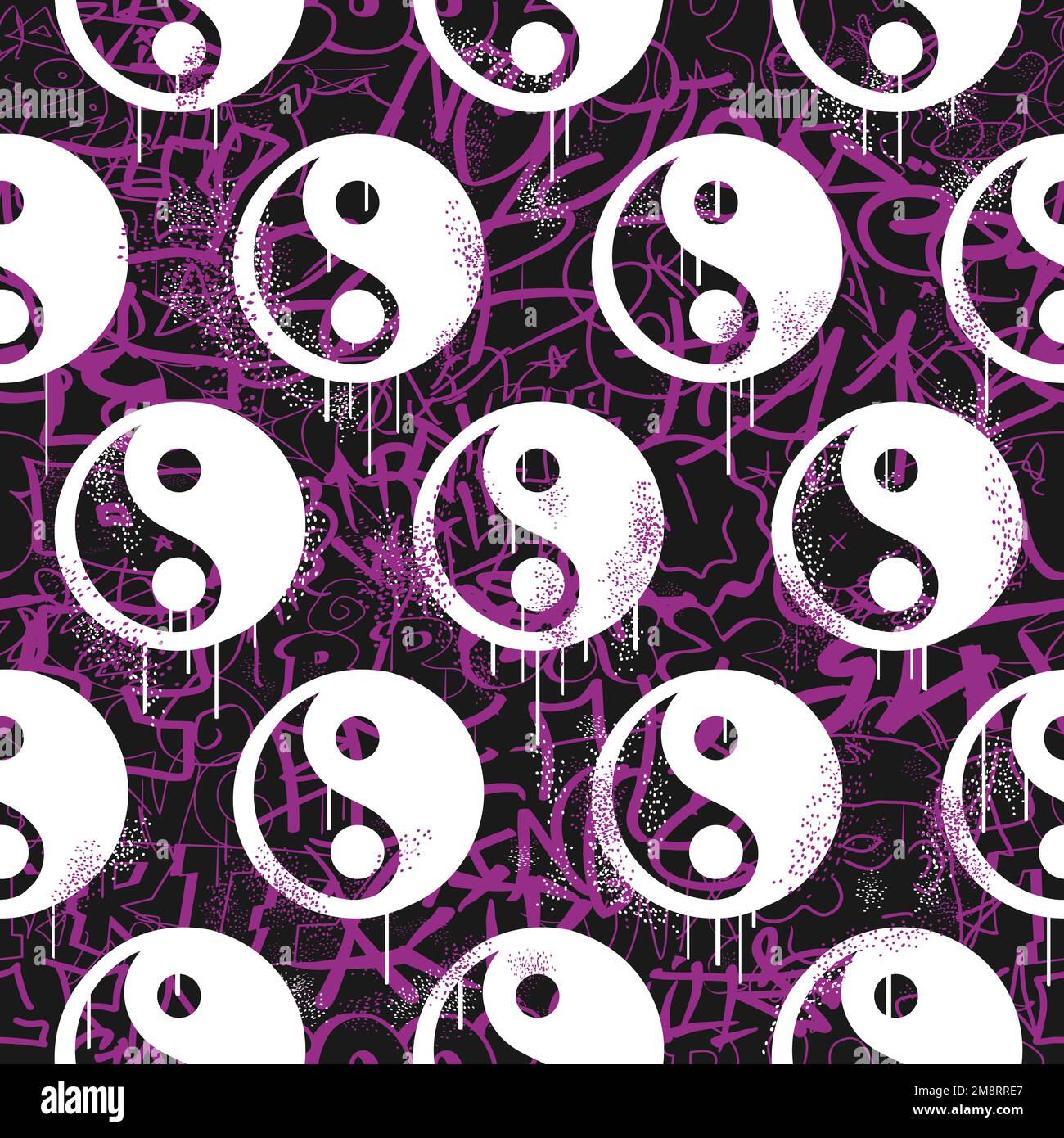 Graffiti and Yin Yang seamless pattern wallpaper art.Vector graphic background illustration.Graffiti lettering,Yin Yang.urban art seamless pattern wallpaper print concept Stock Vector