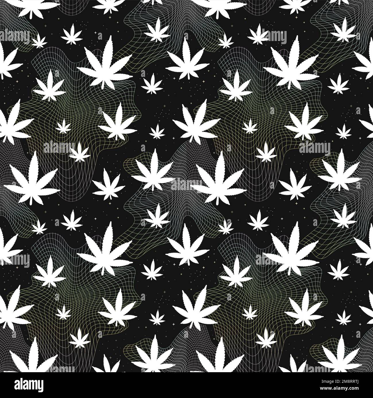Weed leaf and warp grid seamless pattern. Vector wallpaper illustration Stock Vector