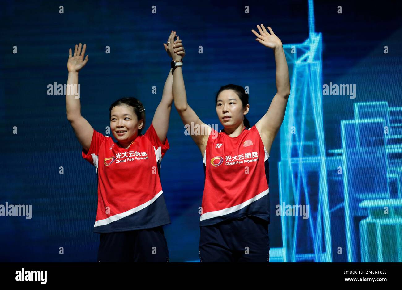 Kuala Lumpur, Malaysia. 15th Jan, 2023. Chen Qing Chen (L) and Jia Yi Fan of China wave to the crowds during the medal ceremony after winning the game against Baek Ha Na and Lee Yu Lim of Korea during the Women Doubles Finals match of the Petronas Malaysia Open 2023 at Axiata Arena.Chen Qing Chen and Jia Yi Fan of China won with scores; 21/21 : 16/10 Credit: SOPA Images Limited/Alamy Live News Stock Photo