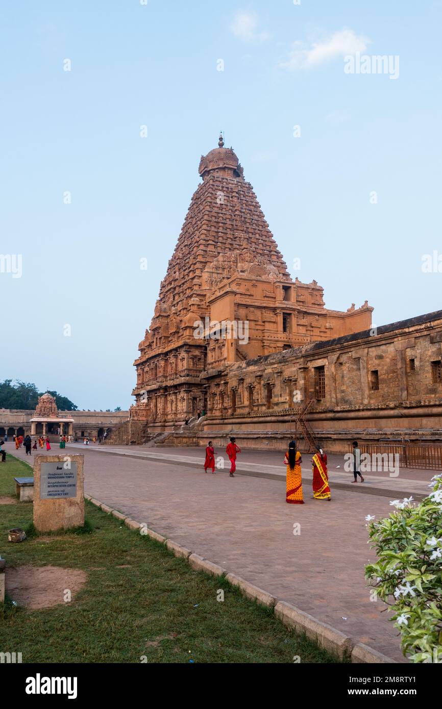 Brihadisvara temple East side view with Pilgrims walking around Stock Photo
