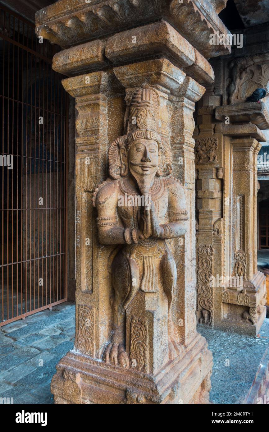 A Stone sculpture on the pillars of mandapam in Thanjore Brihadisvara temple Stock Photo