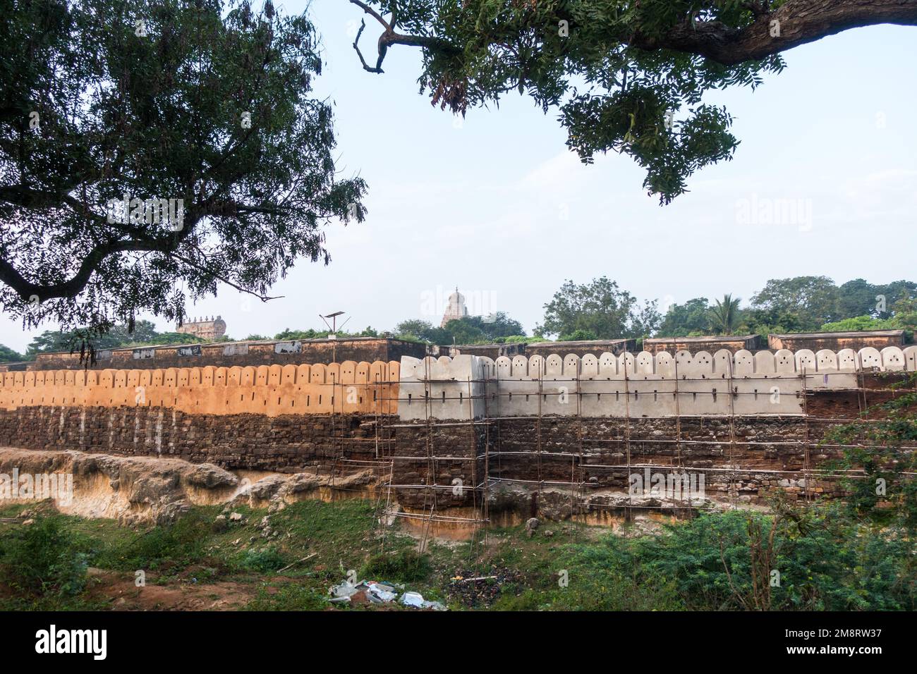 Restoration work on the Fort walls of Brihadisvara temple Stock Photo