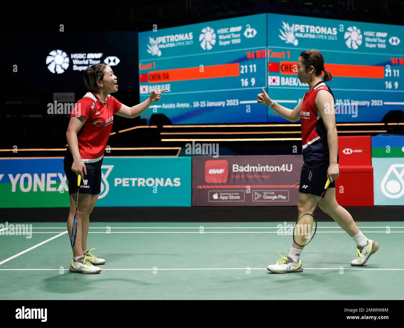 Kuala Lumpur, Malaysia. 15th Jan, 2023. Chen Qing Chen (L) and Jia Yi Fan of China react as they play against Baek Ha Na and Lee Yu Lim of Korea during the Women Doubles Finals match of the Petronas Malaysia Open 2023 at Axiata Arena.Chen Qing Chen and Jia Yi Fan of China won with scores; 21/21 : 16/10 (Photo by Wong Fok Loy/SOPA Images/Sipa USA) Credit: Sipa USA/Alamy Live News Stock Photo