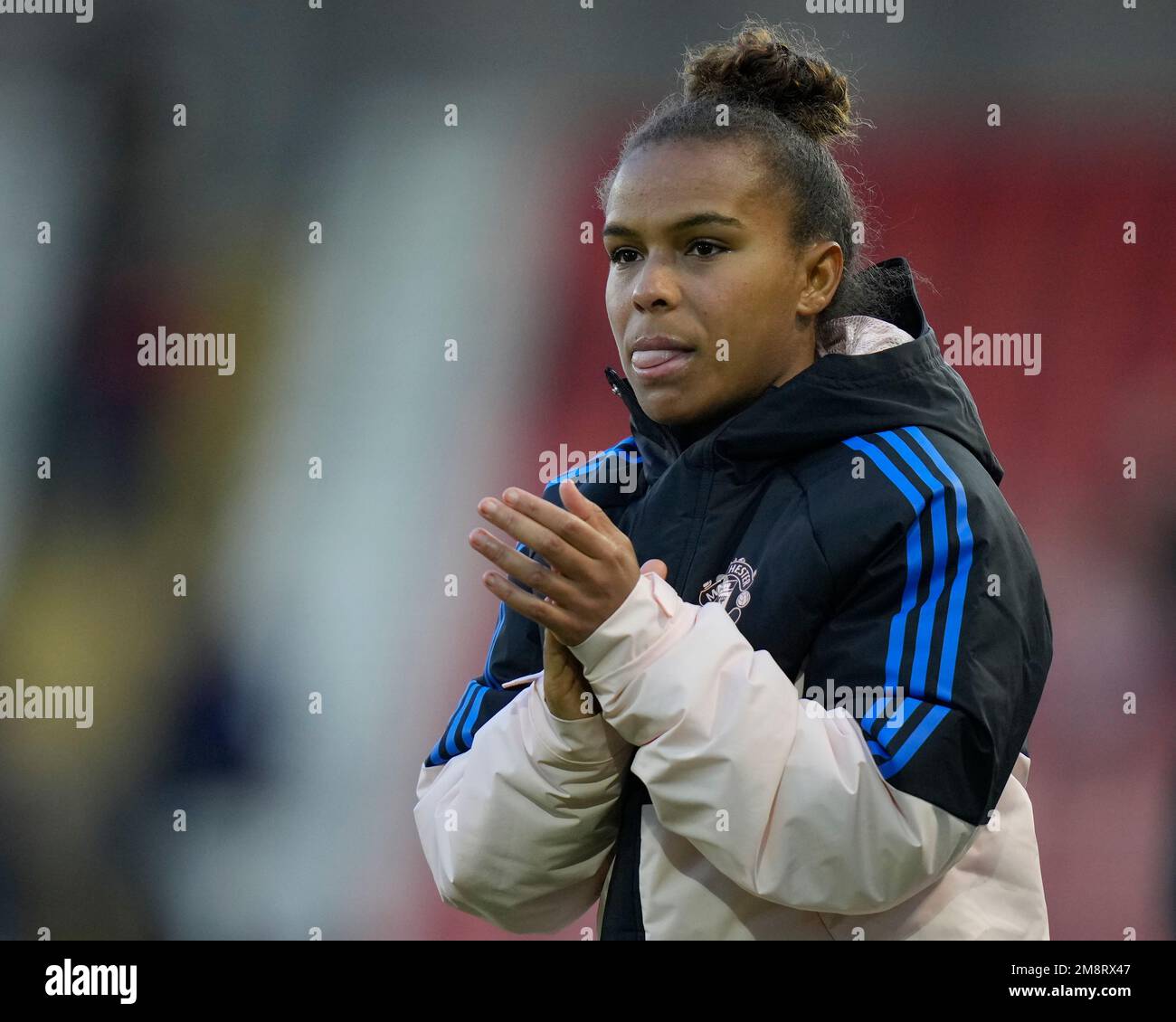 Nikita Parris #22 of Manchester United salutes the fans after the The Fa Women's Super League match Manchester United Women vs Liverpool Women at Leigh Sports Village, Leigh, United Kingdom, 15th January 2023  (Photo by Steve Flynn/News Images) Stock Photo