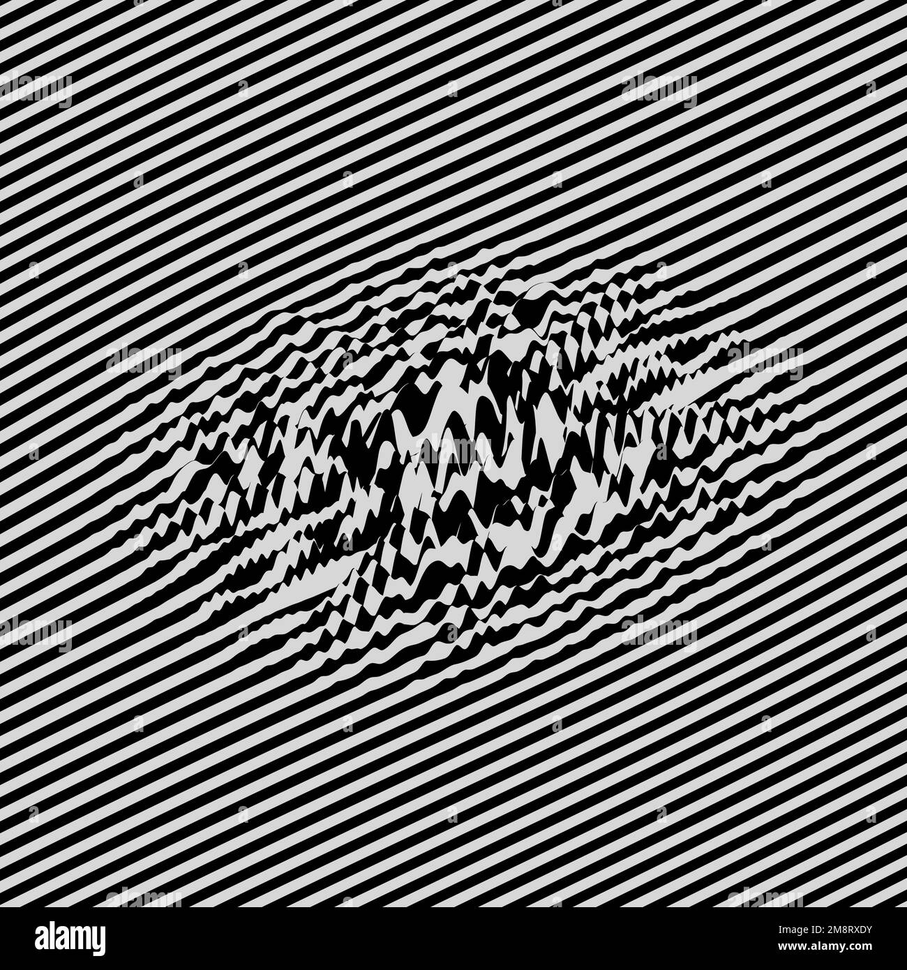 Waveform background. Dynamic visual effect. Surface distortion. Pattern with optical illusion. Vector striped illustration. Black and white sound wave Stock Vector