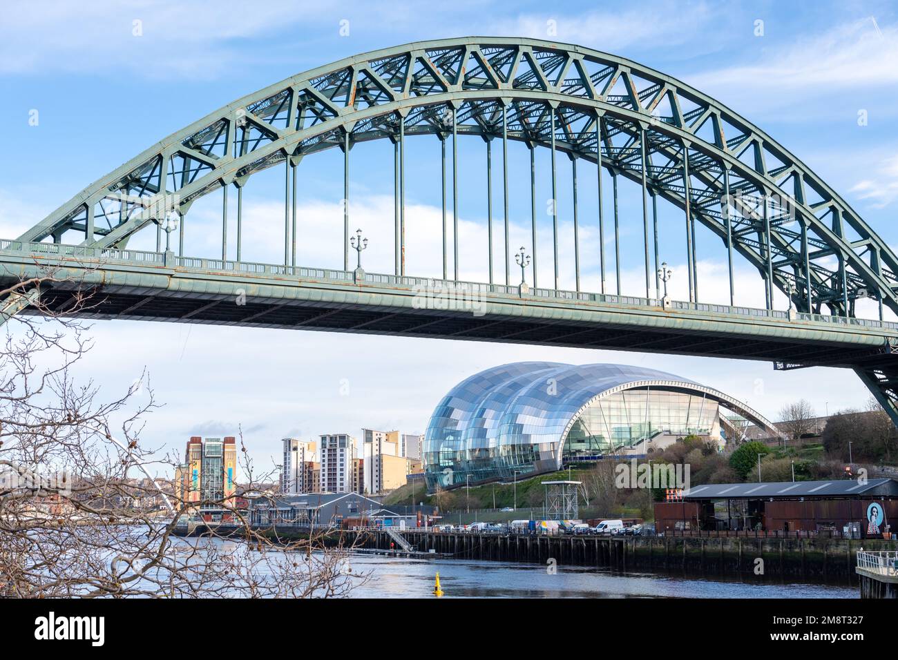 A view of the Tyne Bridge from Gateshead, UK, leading across the river ...