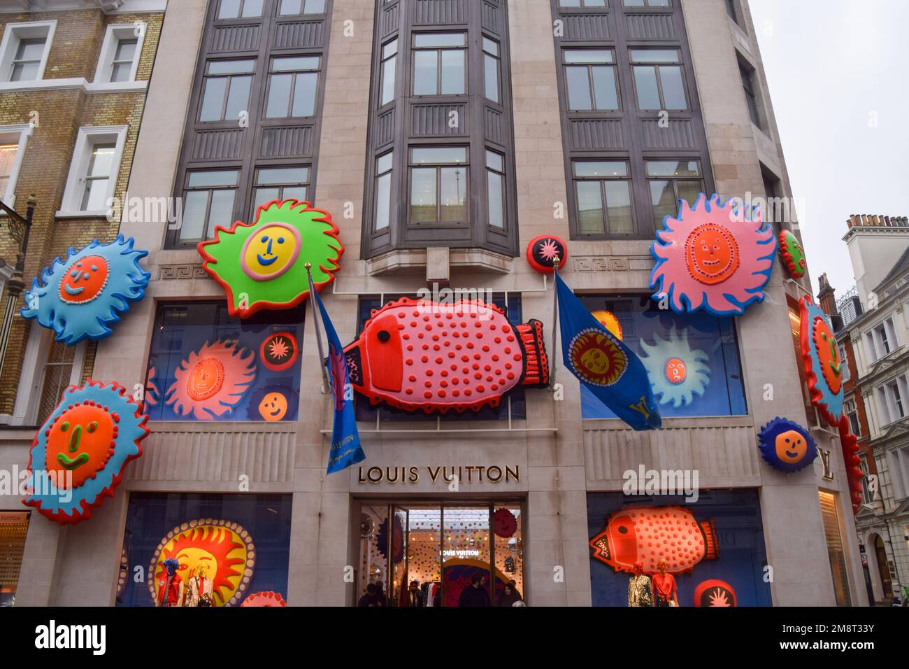 London, UK. 14th Jan, 2023. Artwork by Yayoi Kusama decorates Louis  Vuitton's flagship store on Bond Street as the fashion giant launches its  collaboration with the renowned Japanese artist. Credit: SOPA Images