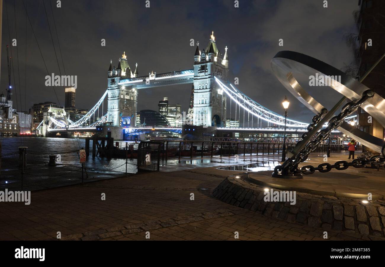 Tower Bridge and Timepiece Sculpture,London,England Stock Photo