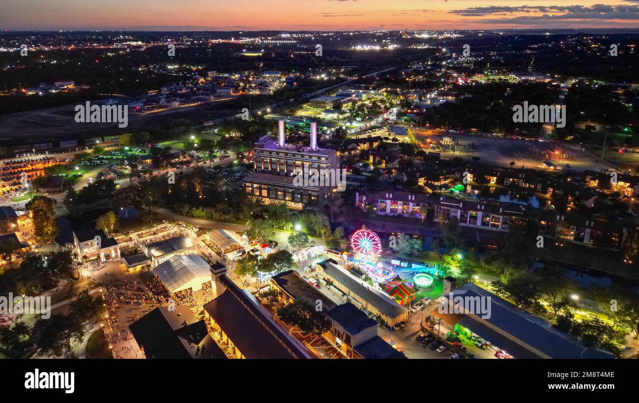 An aerial night view of the city of Wurstfest, New Braunfels, United States Stock Photo