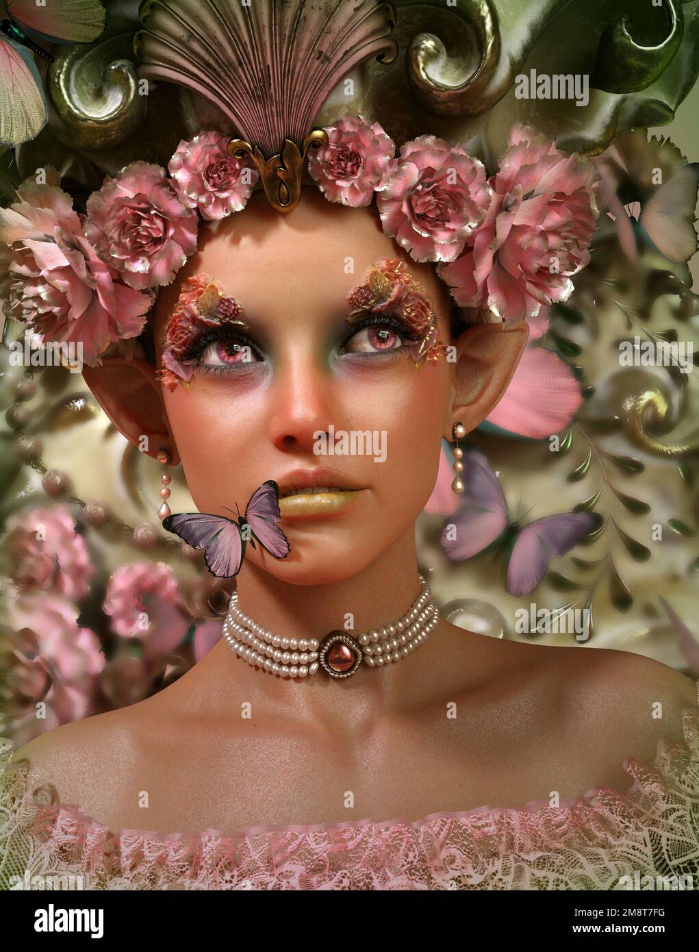 3d computer graphics of a portrait of a fairy with headpiece and butterfly (Not AI generated) Stock Photo