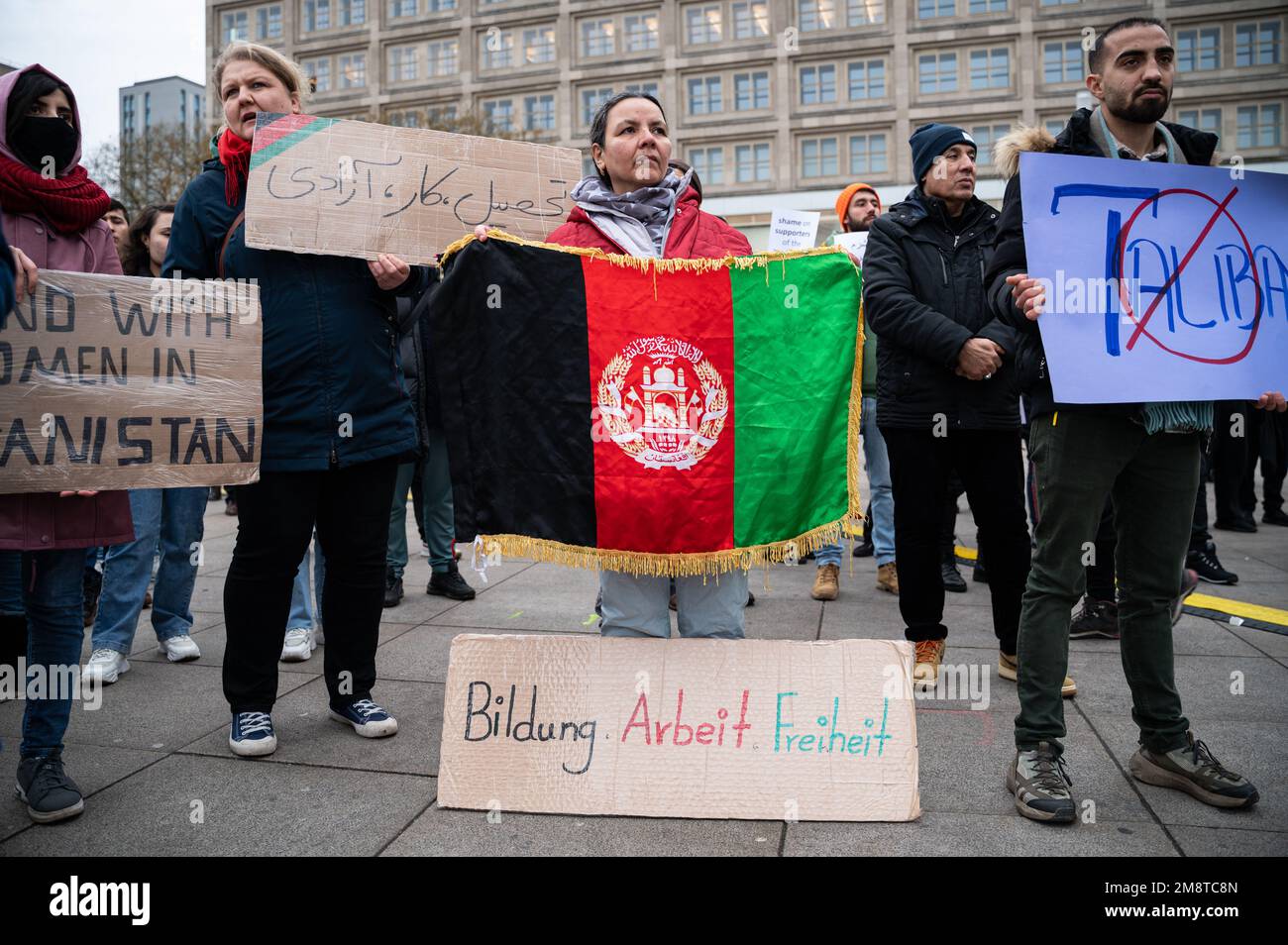 14.01.2023, Berlin, Germany, Europe - Protest at Alexanderplatz for more Solidarity with Afghanistan, especially women under motto 'No to Taliban'. Stock Photo