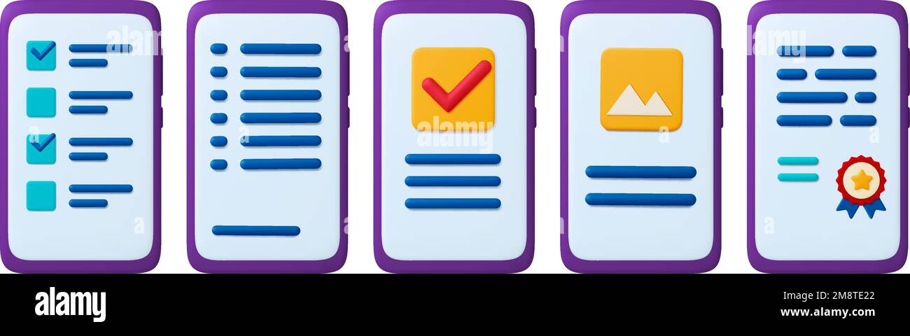 Digital documents 3d icons. Smartphone screen text, cercified sign, corporate agreement. Task list on phone, picture app, vector set Stock Vector