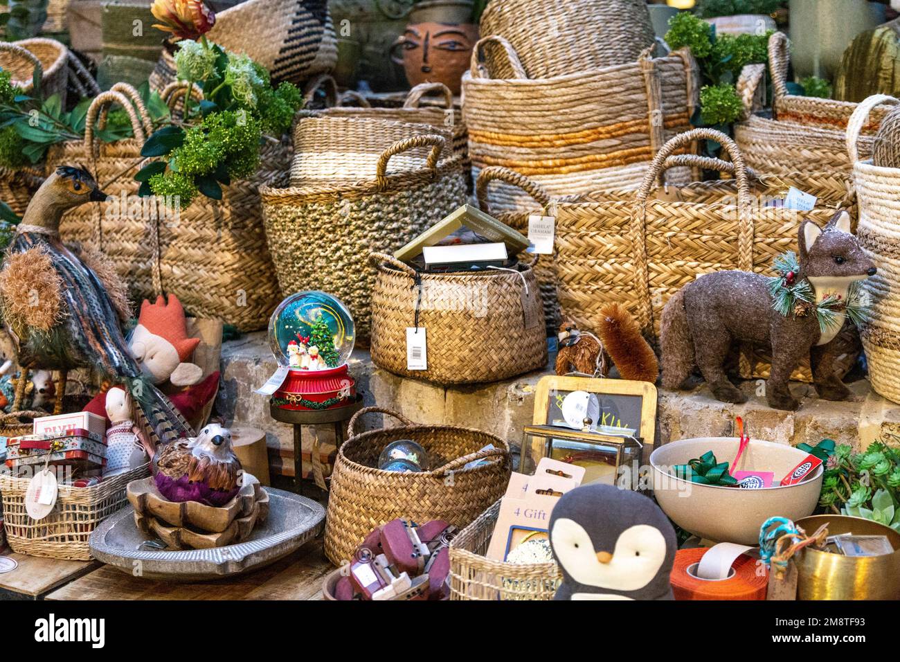 Display of homeware, jute and wicker baskets at After Noah homeware, furniture vintage and toy shop, Angel, Islington, London, UK Stock Photo
