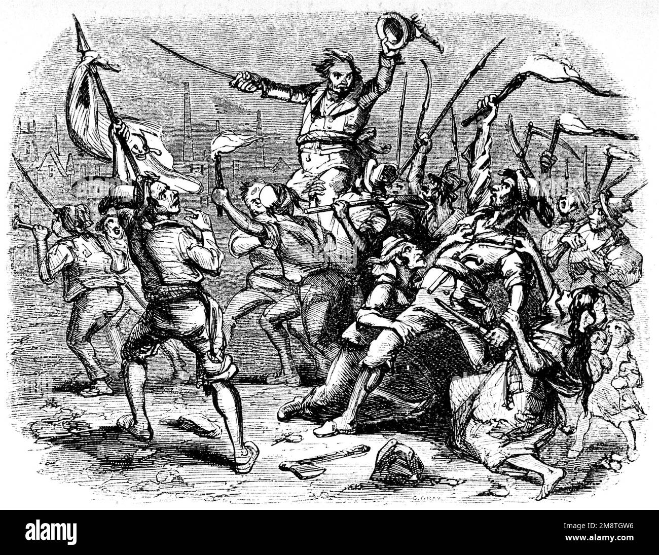 Illustration showing a rioting mob of Luddites, by Phiz (Hablot Knight Browne), 1813. Stock Photo