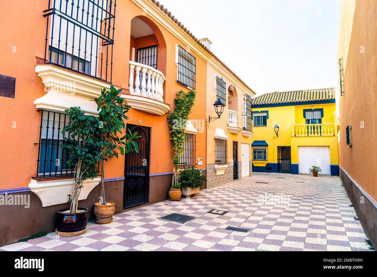 Colourful houses around Residencial Miro area of Spanish city at the boarder to Gibraltar, La Línea de la Concepción, Spain Stock Photo