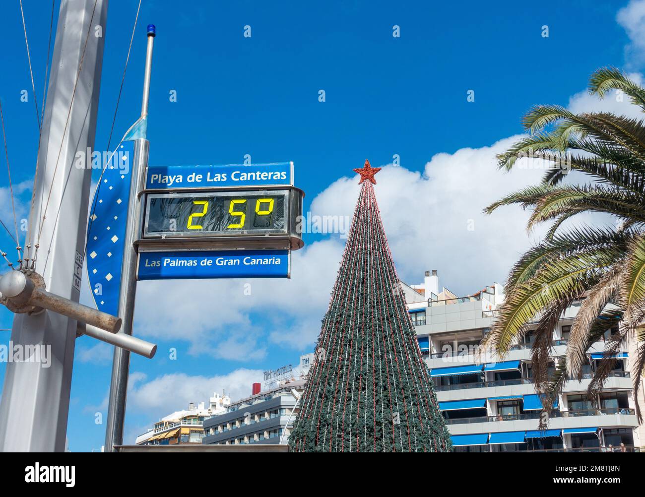 Las Palmas, Gran Canaria, Canary Islands, Spain. 15th January 2023. Tourists, many from the UK, bask in glorious sunshine on the city beach in Las Palmas. PICTURED: Endless Christmas sunshine as the city beach Christmas tree remains in place well into January. Credit: Alan Dawson/Alamy Live News Stock Photo