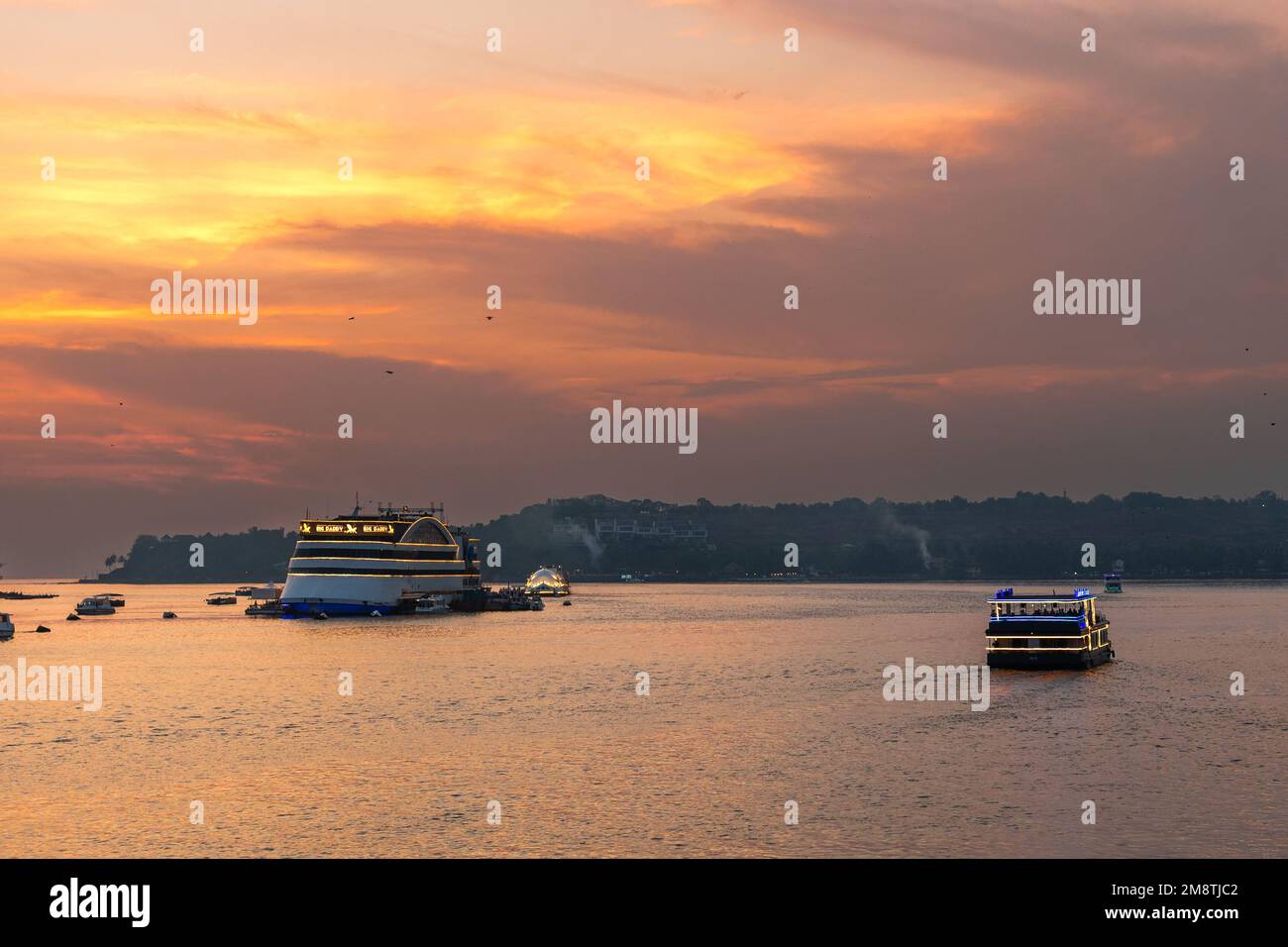 Goa Rivers Panaji Goa India Oct 22 2022: Sunset time cruise View of the Atal Setu ...