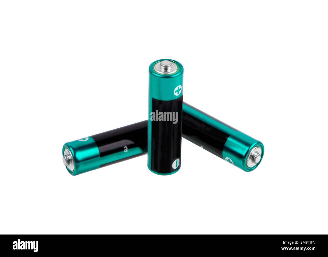 Batteries isolated on white background. Three green AA size batteries Stock Photo Alamy