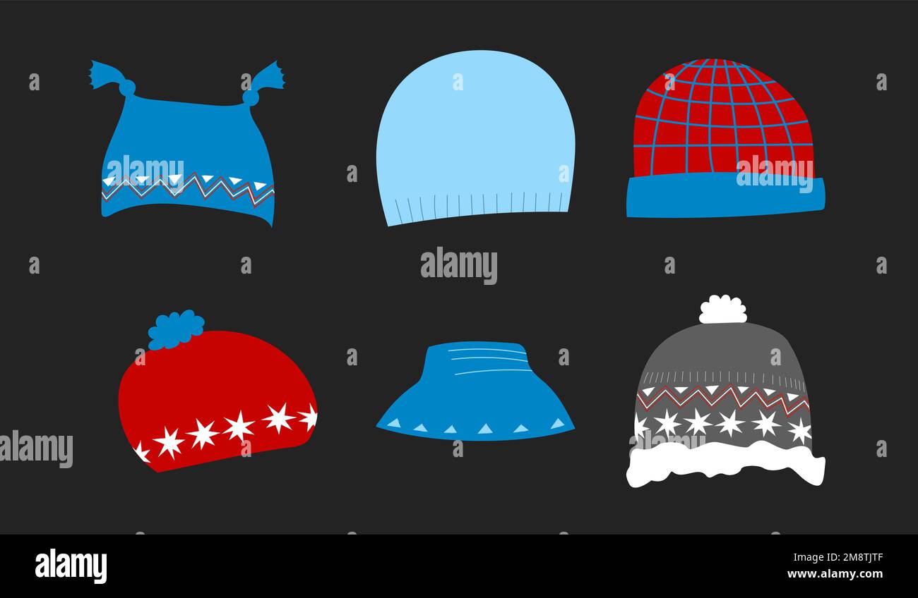 Vector cartoon cute collection set of winter warm knitter hats of red and blue colors Stock Vector