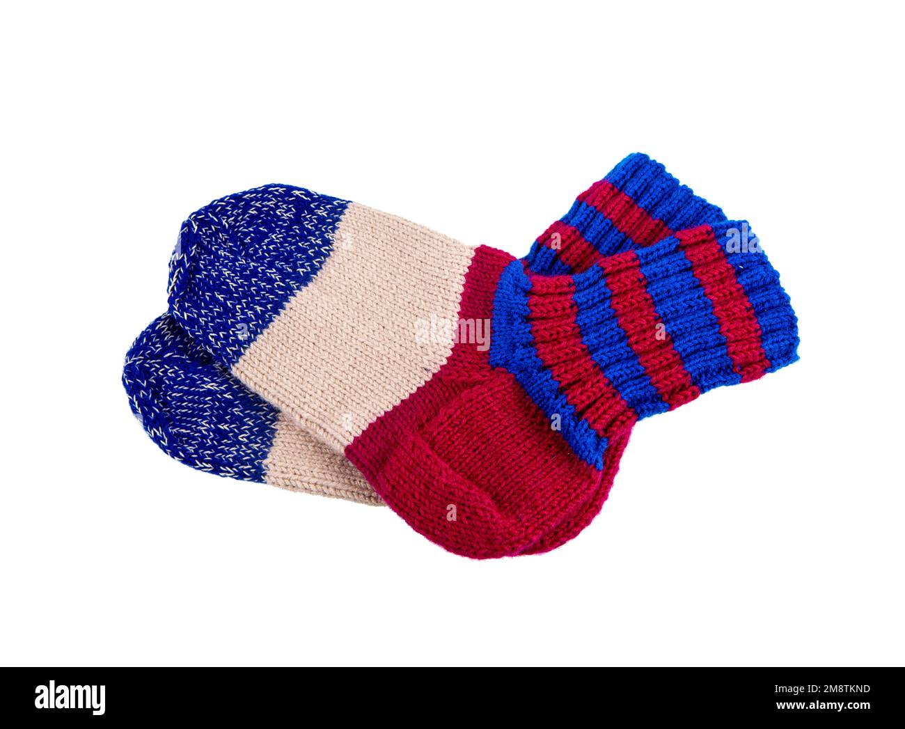 Knitted wool socks Pair of striped wool socks isolated on white