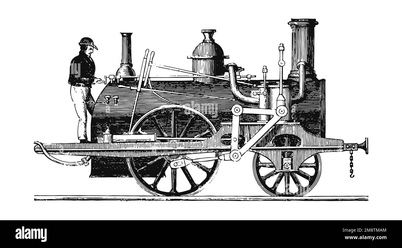 Early steam-powered trains, vintage illustration Stock Photo