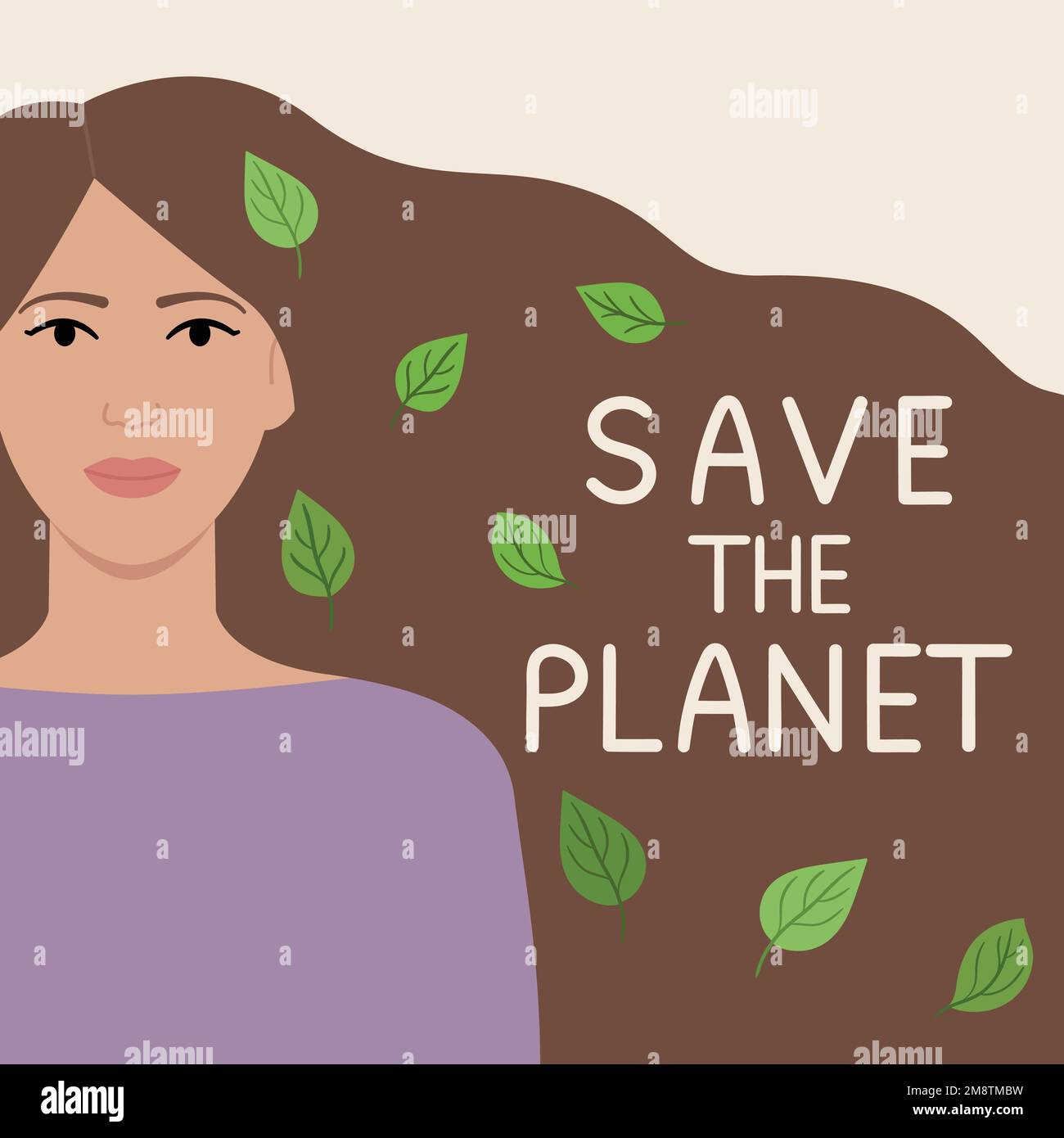 Save the planet ecology card. Tan woman with green leaves in her brown hair. Environment improvement concept. Hand-drawn eco-friendly vector illustrat Stock Vector