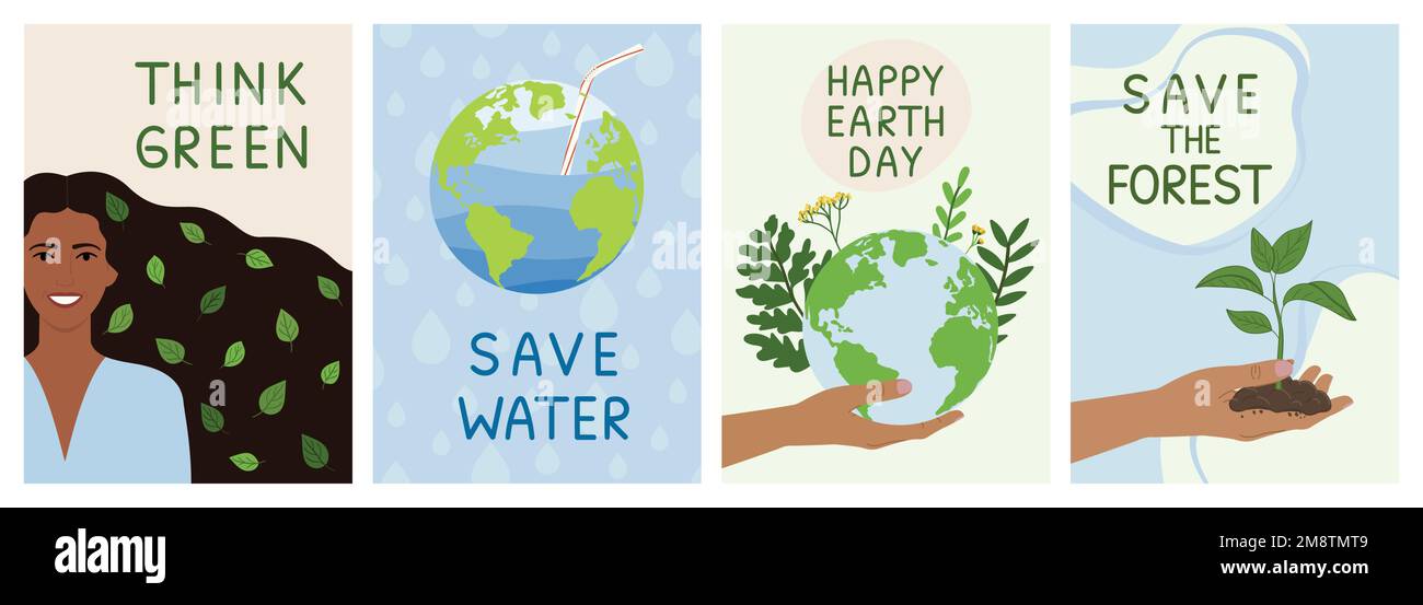 Set of save the planet ecology cards. Think green, save water, happy Earth day, save forest, environment improvement concept. Hand-drawn eco-friendly Stock Vector