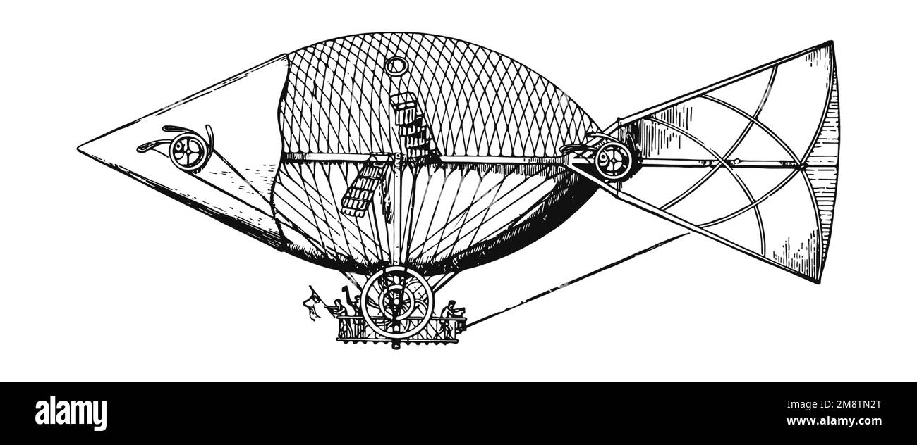 Hot air balloon. Early flying machine, vintage XIX-century illustration Stock Photo