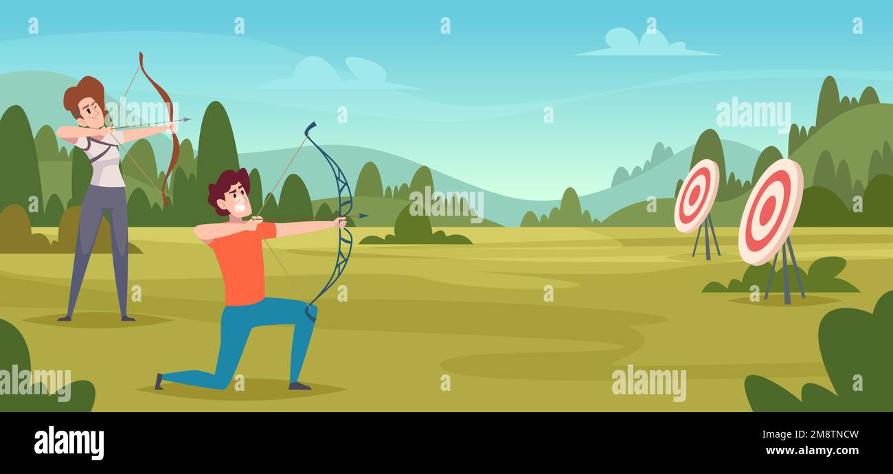 Archery competition. Cartoon background with shooting archers to target exact vector template Stock Vector