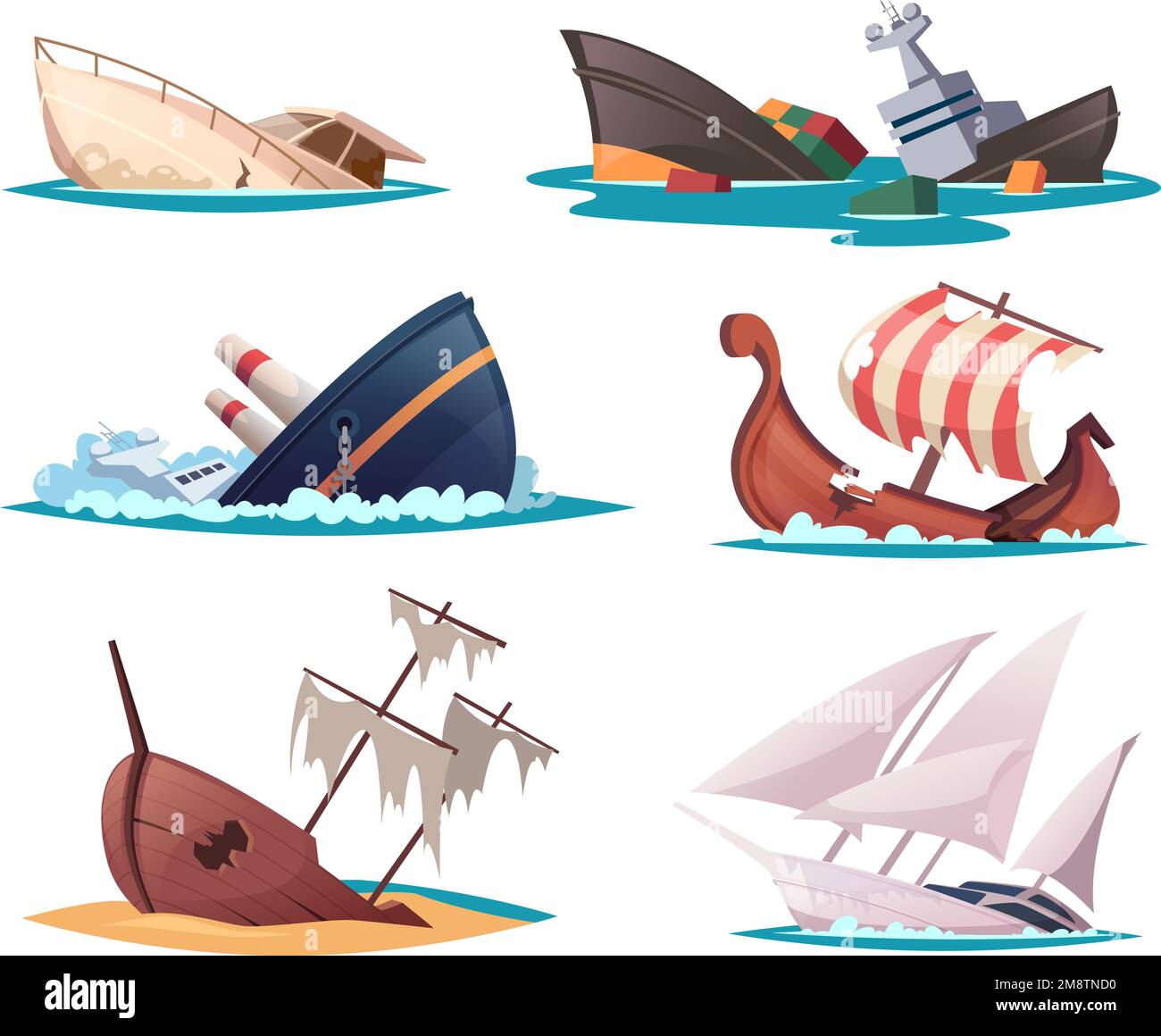 Broken ship. Damaged sailor boats swim accident crash brigantine exact vector cartoon ship illustrations Stock Vector