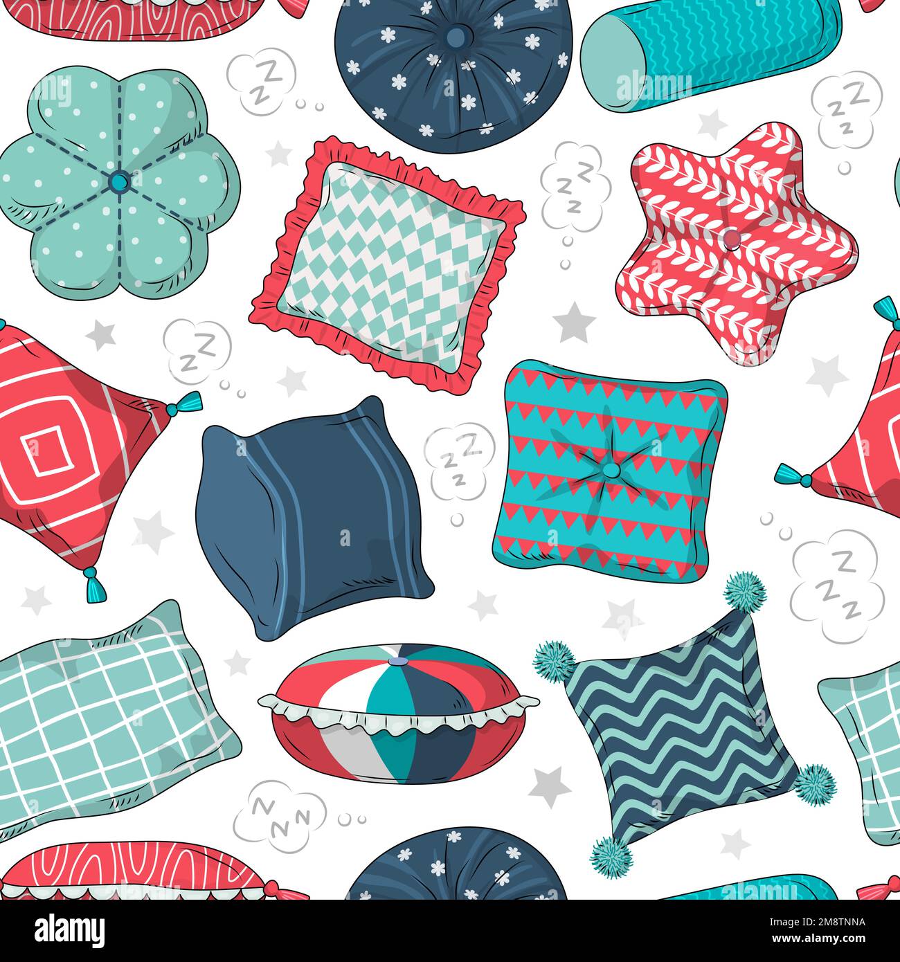 Pillows pattern. Sleeping and relax time items decoration recent vector seamless background Stock Vector
