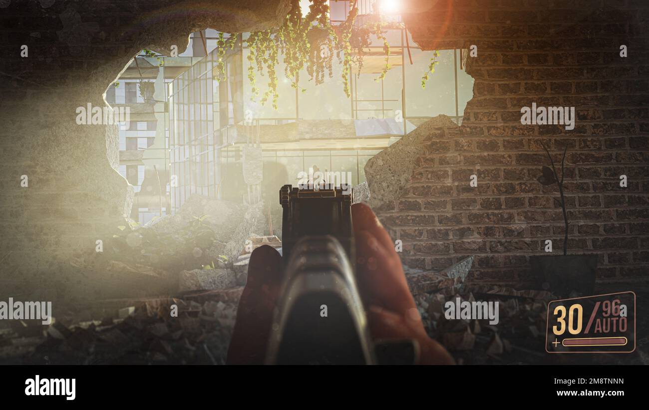 First-person shooter war game screenshot concept - man aiming enemy with an AK-47 rifle inside the smashed building  - 3d illustration Stock Photo