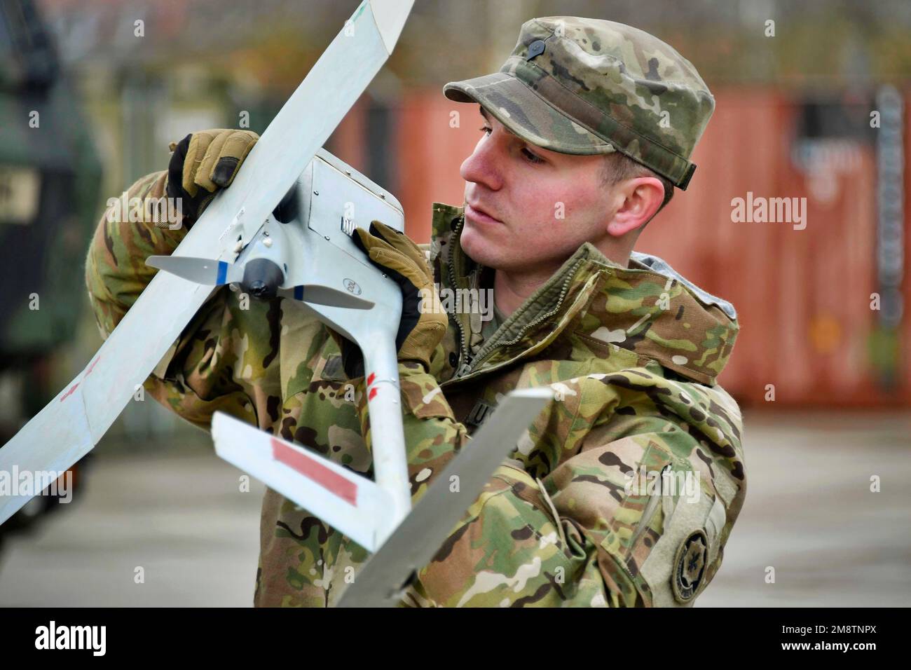 Grafenwoehr, Bayern, Germany. 10th Jan, 2023. U.S. Army Spc. Charles Ivey with Palehorse Troop, 4th Squadron, 2nd Cavalry Regiment assembles an RQ-11 Raven, a Small Unmanned Aircraft System, ahead of a training exercise on Rose Barracks, Vilseck, Germany, January. 10, 2023. 2CR provides V Corps with a lethal and agile force capable of rapid deployment throughout the European theater in order to assure allies, deter adversaries, and when ordered, defend the NATO alliance. Credit: U.S. Army/ZUMA Press Wire Service/ZUMAPRESS.com/Alamy Live News Stock Photo