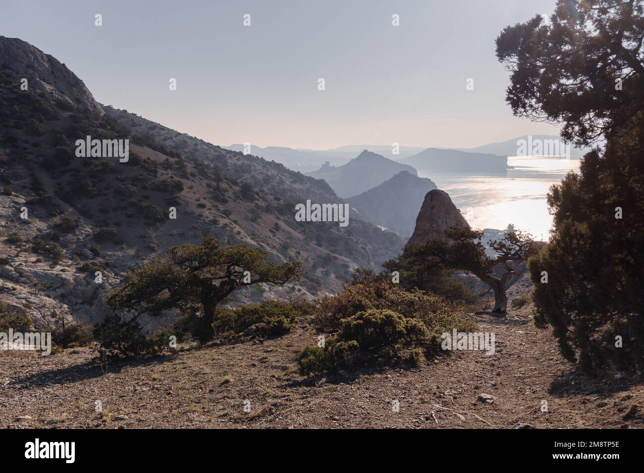 View on sea, mount and cape near Sudak from the slope of Falcon Sokol mountain at morning in spring. Crimea Stock Photo
