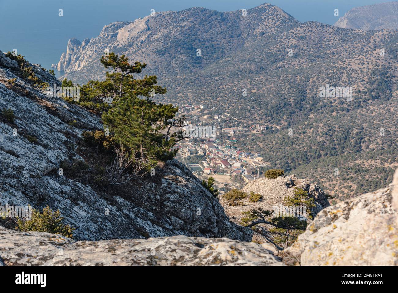 View of the resort city Novyi Svet and Green bay from the top of Sokol Mountain in spring. Crimea. Stock Photo