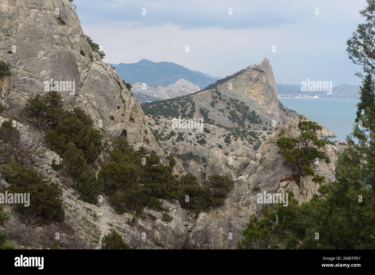 Top view of Mount Koba-Kaya from Karaul-Oba mountain in spring. Crimea Stock Photo