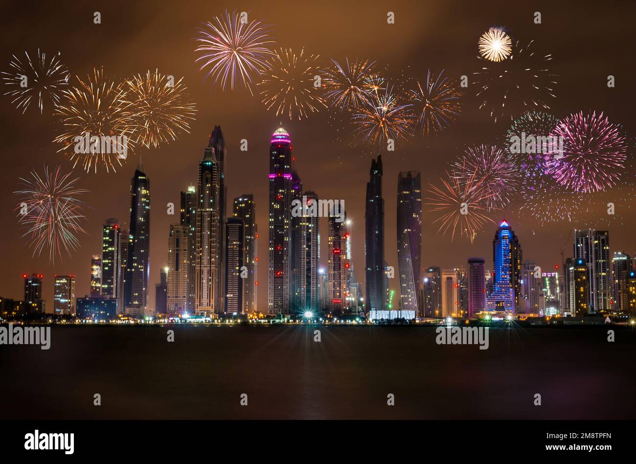 Spectacular New Year Celebrations with the skyline of Dubai Marina as viewed from Palm Island