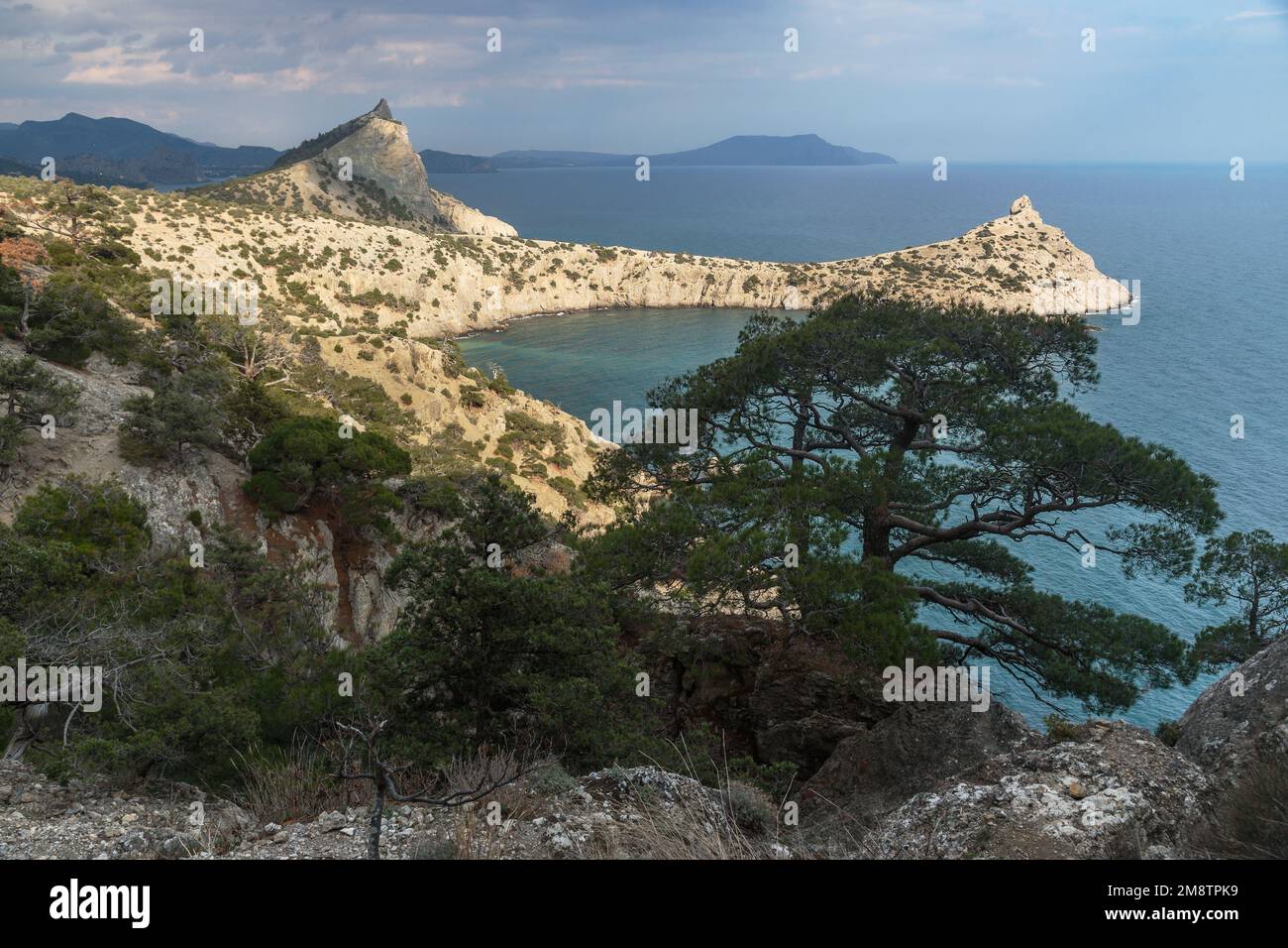 Top view of Cape Kapchik, Blue Bay and Mount Koba-Kaya in spring. Crimea Stock Photo