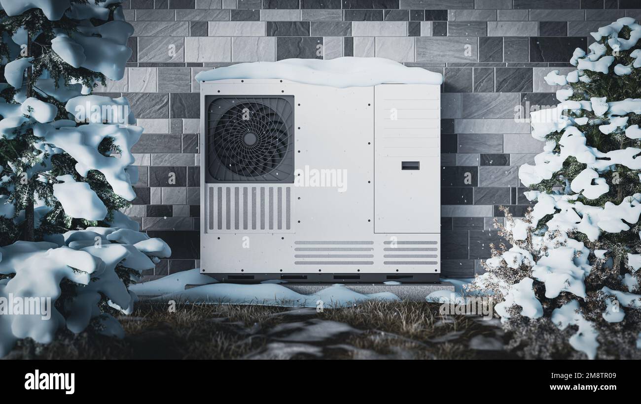 A heat pump against a wall covered with snow. 3d render showing