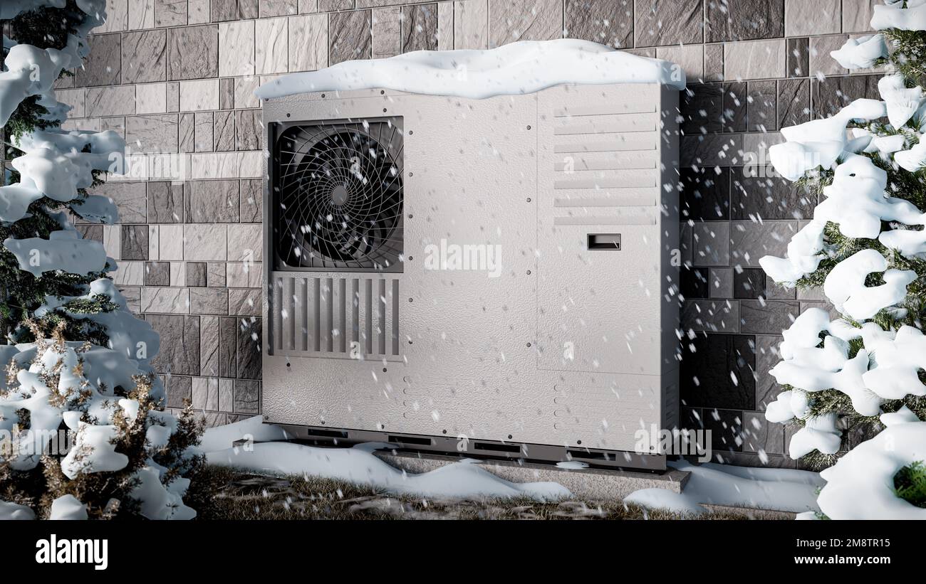 A heat pump against a wall covered with snow. 3d render showing renewable energy sources. Stock Photo