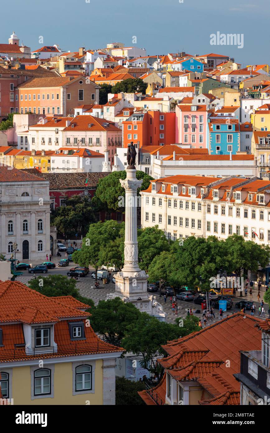 Lisbon, Portugal. High view of Praca Dom Pedro IV, commonly known as Rossio.  The column bears the statue of Dom Pedro IV (also crowned Pedro I, Emper Stock Photo