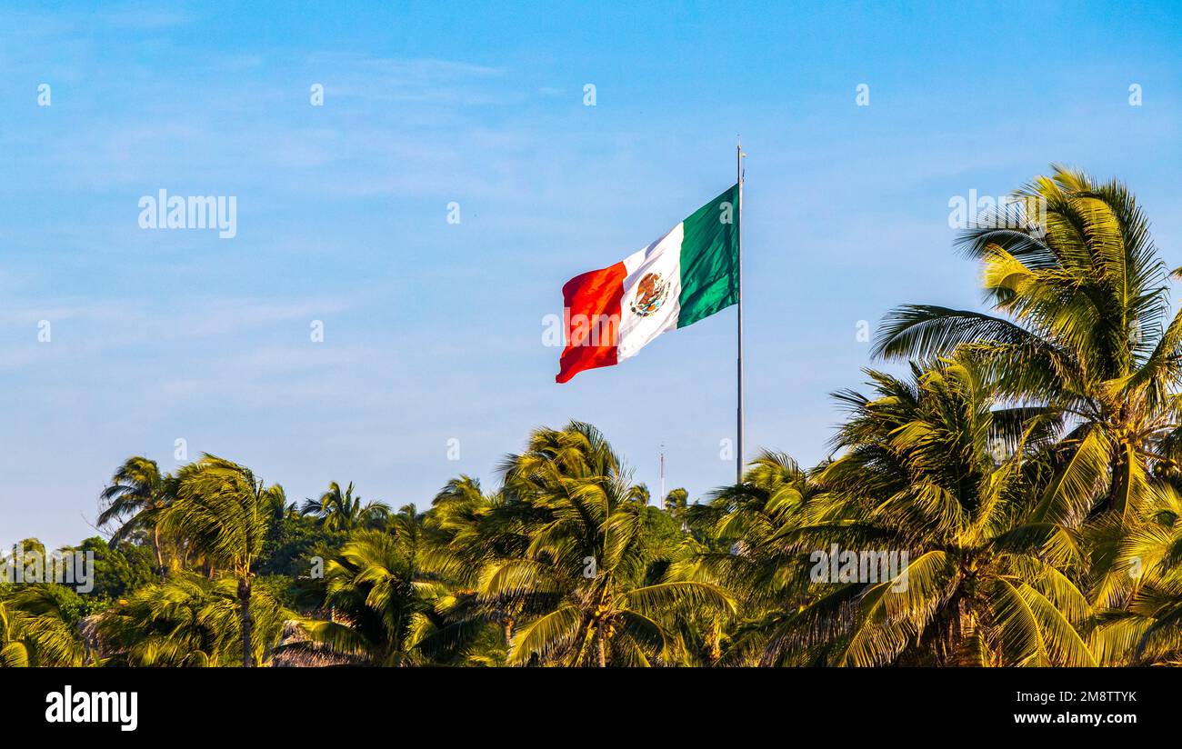 Mexican green white red flag with palm trees and blue sky and clouds in