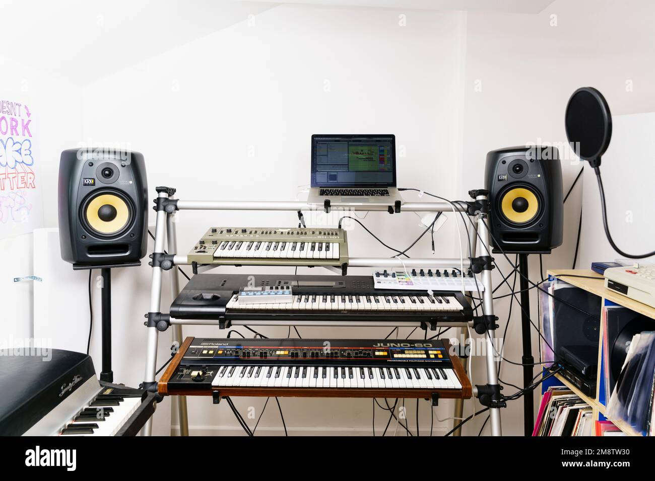 Keyboards and speakers in a music recording studio in Bruton, Somerset. Stock Photo