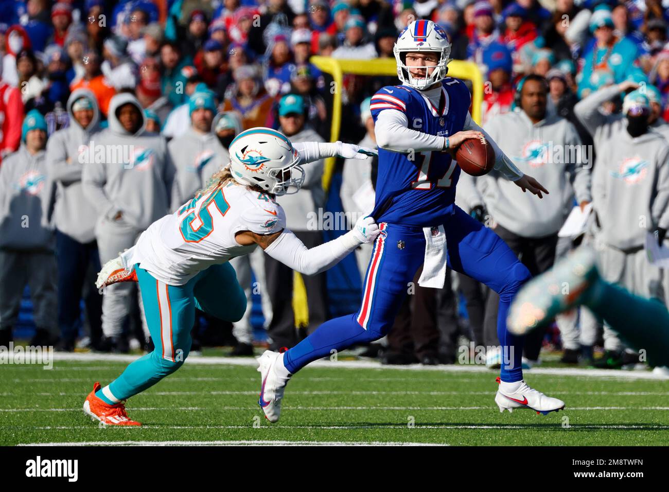 Miami Dolphins middle linebacker Duke Riley (45) warms up before an NFL  football game, Sunday, Oct. 31, 2021 in Orchard Park, NY. (AP Photo/Matt  Durisko Stock Photo - Alamy