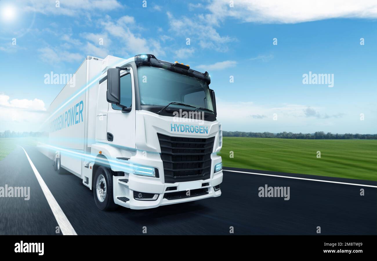 Hydrogen fuel cell semi truck on a road. Ecofriendly commercial